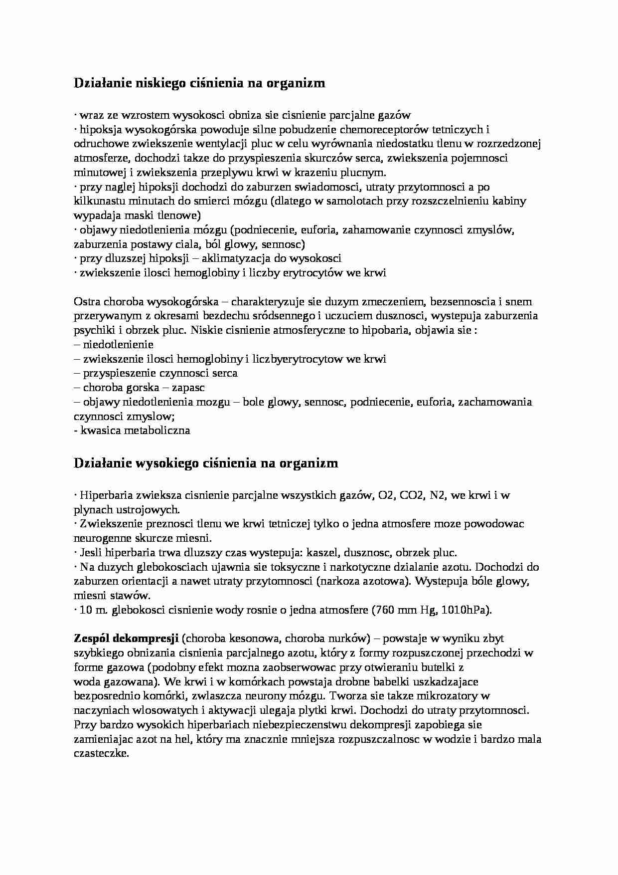  Działanie niskiego i wysokiego ciśnienia na organizm - omówienie - strona 1