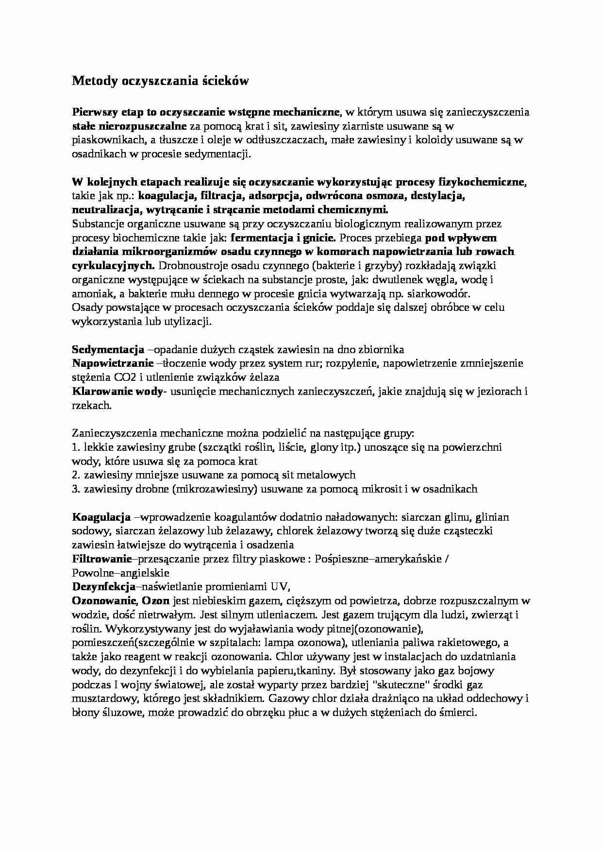 Higiena i epidemiologia, Metody oczyszczania ścieków - omówienie - strona 1