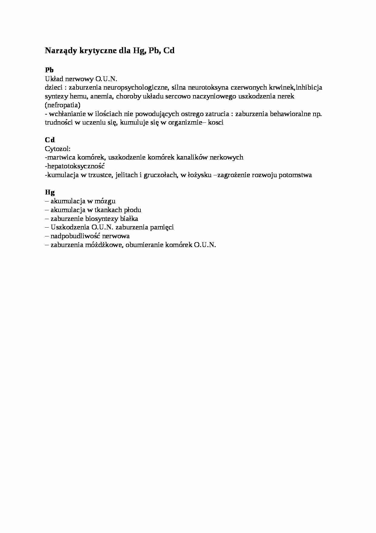 Narządy krytyczne dla Hg, Pb, Cd - strona 1