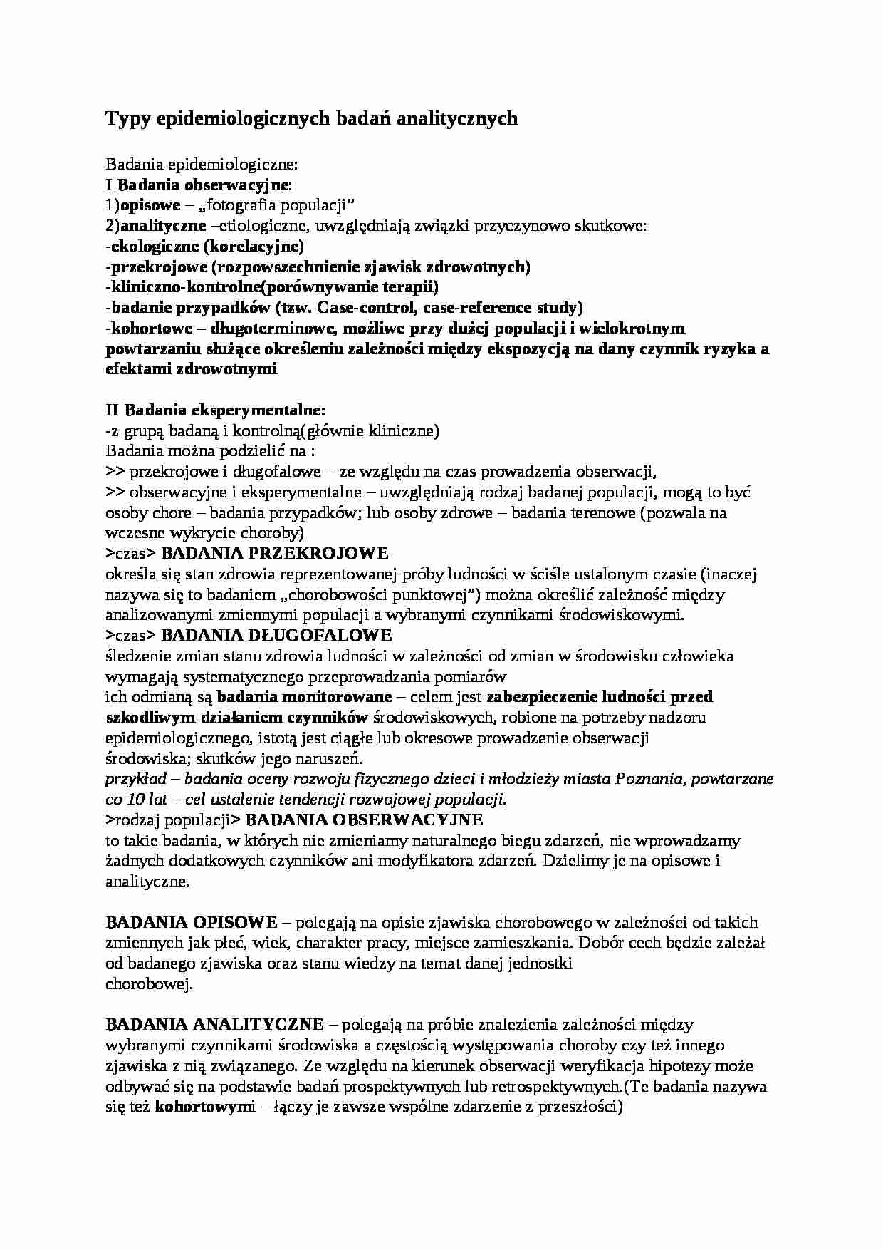 Typy epidemiologicznych badań analitycznych  - omówienie - strona 1