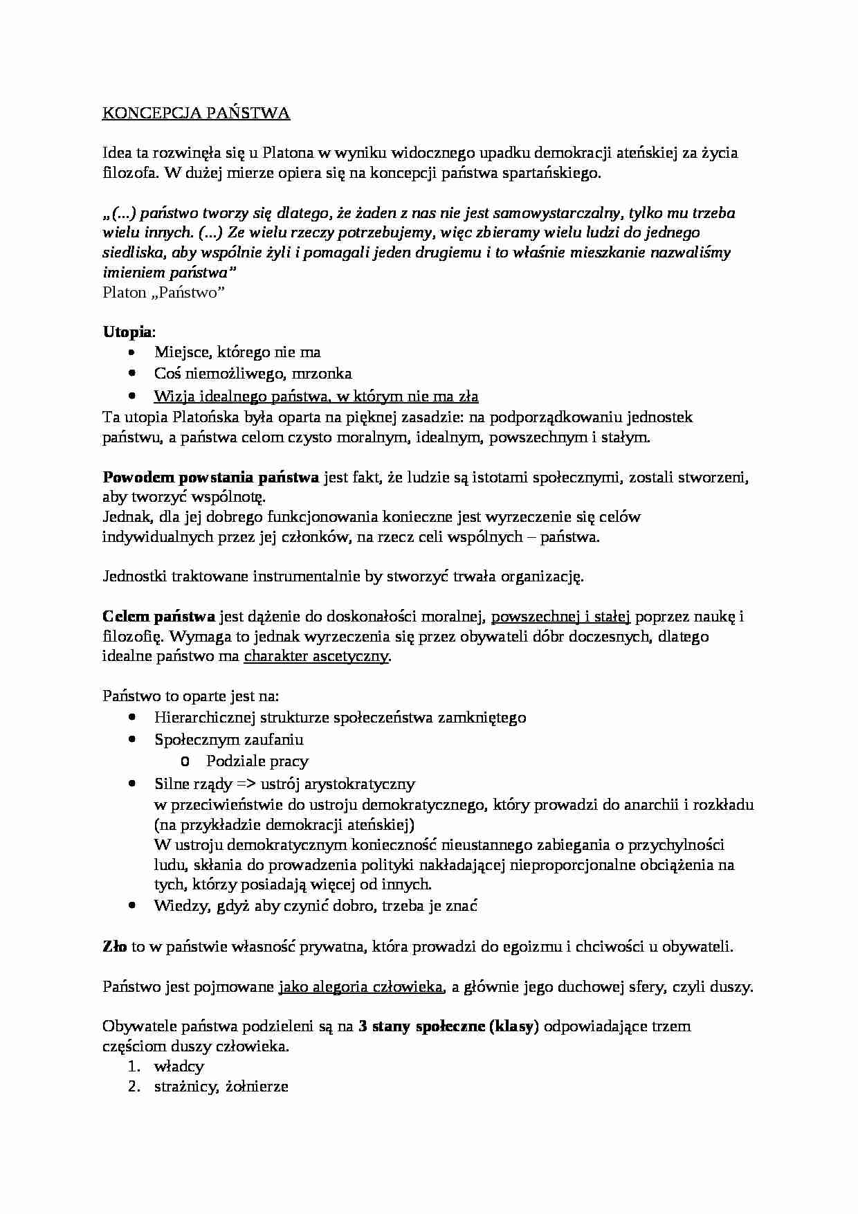 Koncepcja państwa wg Platona - omówienie - strona 1