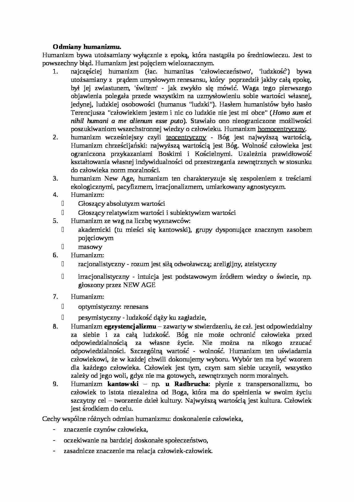 Odmiany humanizmu - omówienie - strona 1