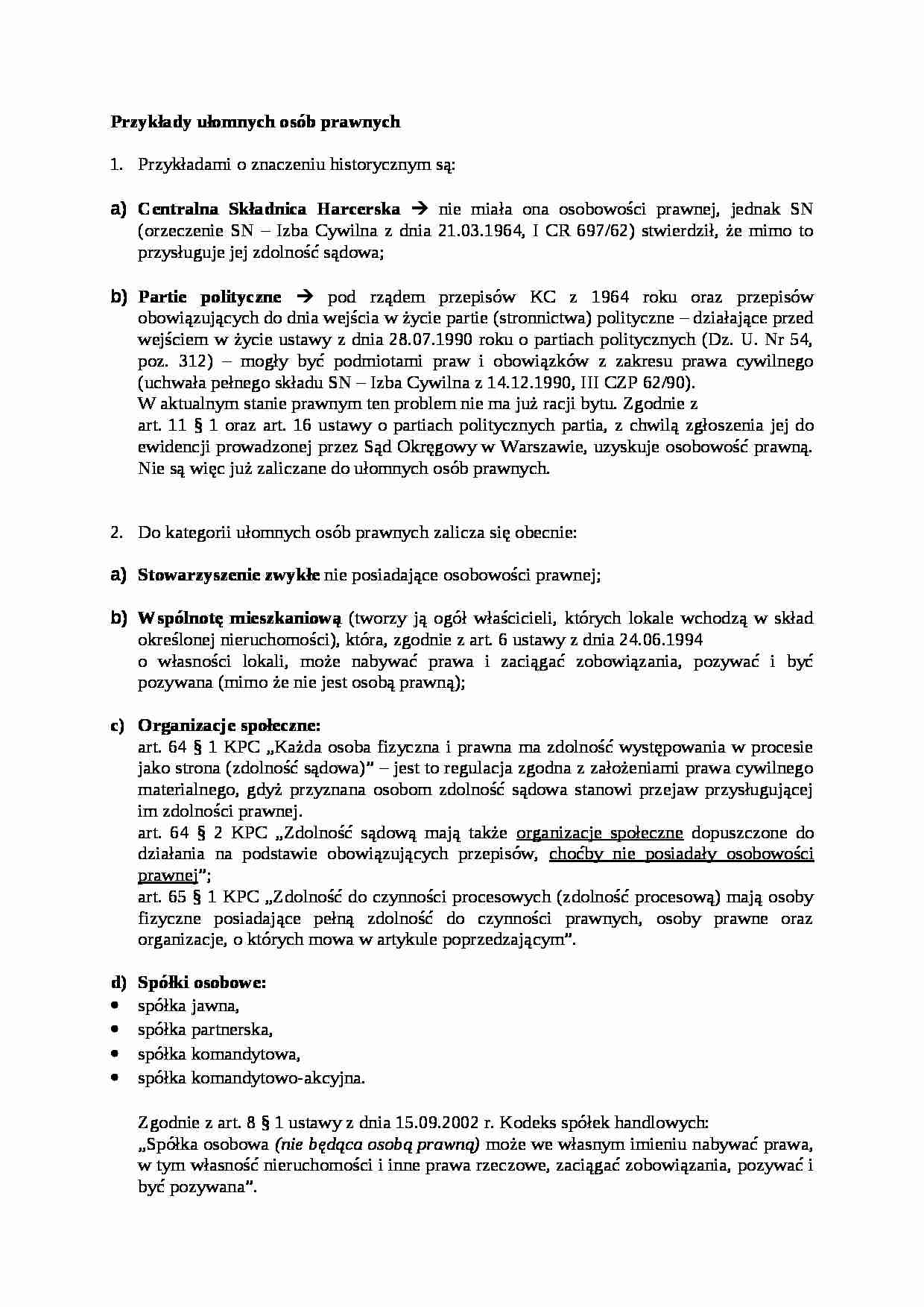 Przykłady ułomnych osób prawnych - omówienie - strona 1