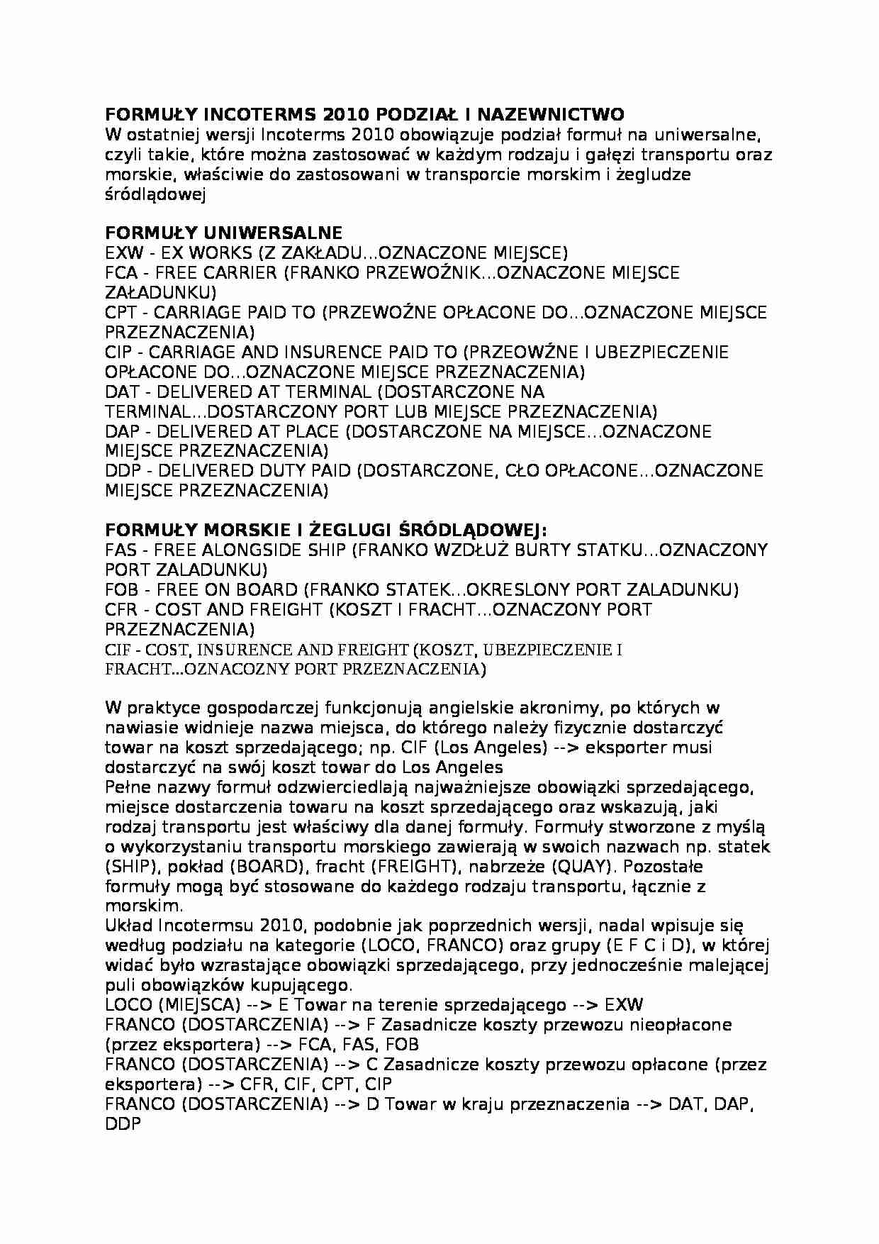 Formuły incoterms 2010 - podział i nazewnictwo - strona 1