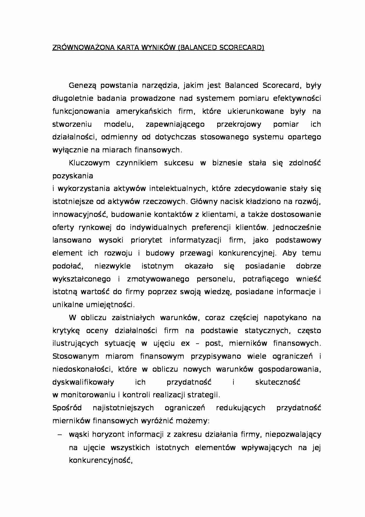 Zarządzanie strategiczne - BSC - referat, MWSE - strona 1