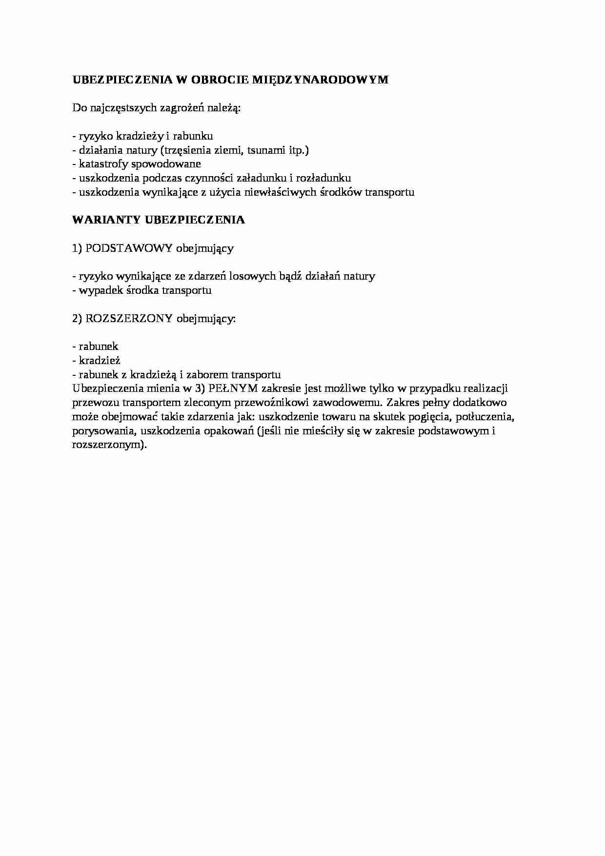 Ubezpieczenia w obrocie międzynarodowym - opracowanie - strona 1
