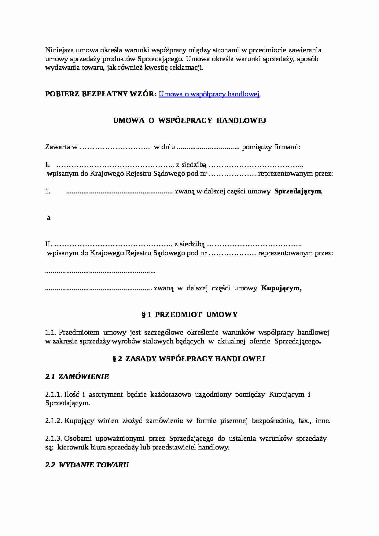 Transakcje handlu zagranicznego, Wzór umowy - strona 1