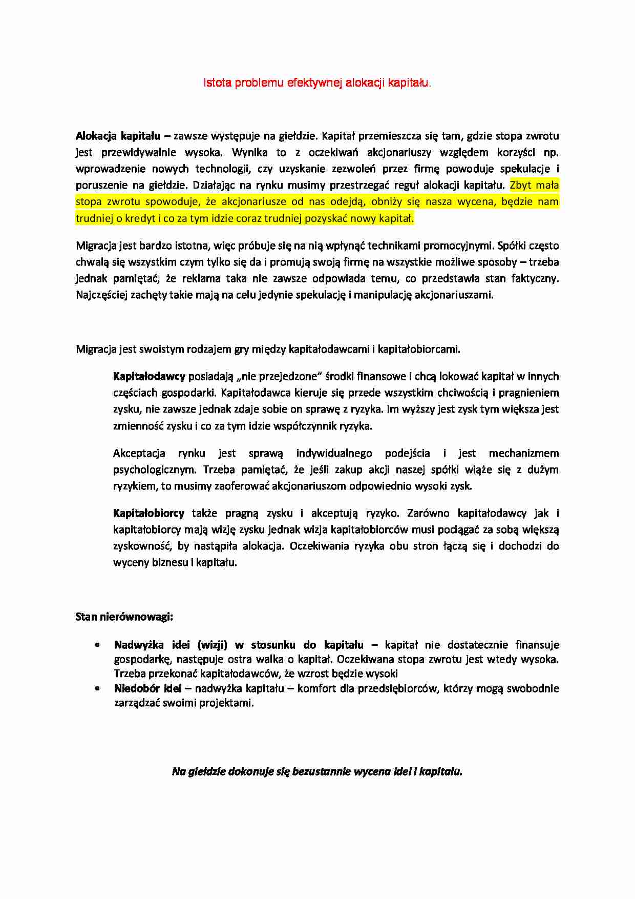 Problemu efektywnej alokacji kapitału - strona 1