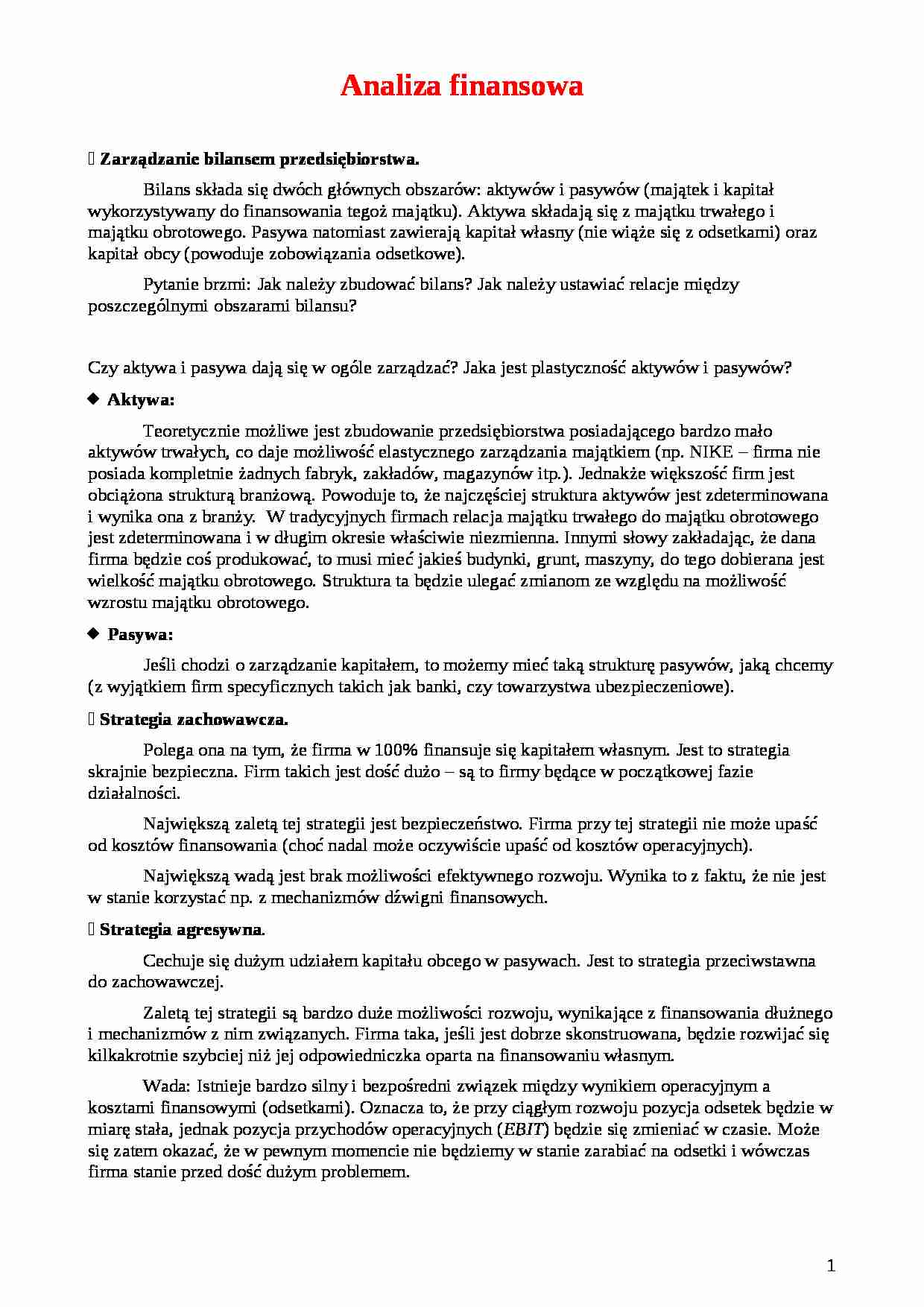 Analiza finansowa - Zarządzanie bilansem przedsiębiorstwa. - strona 1