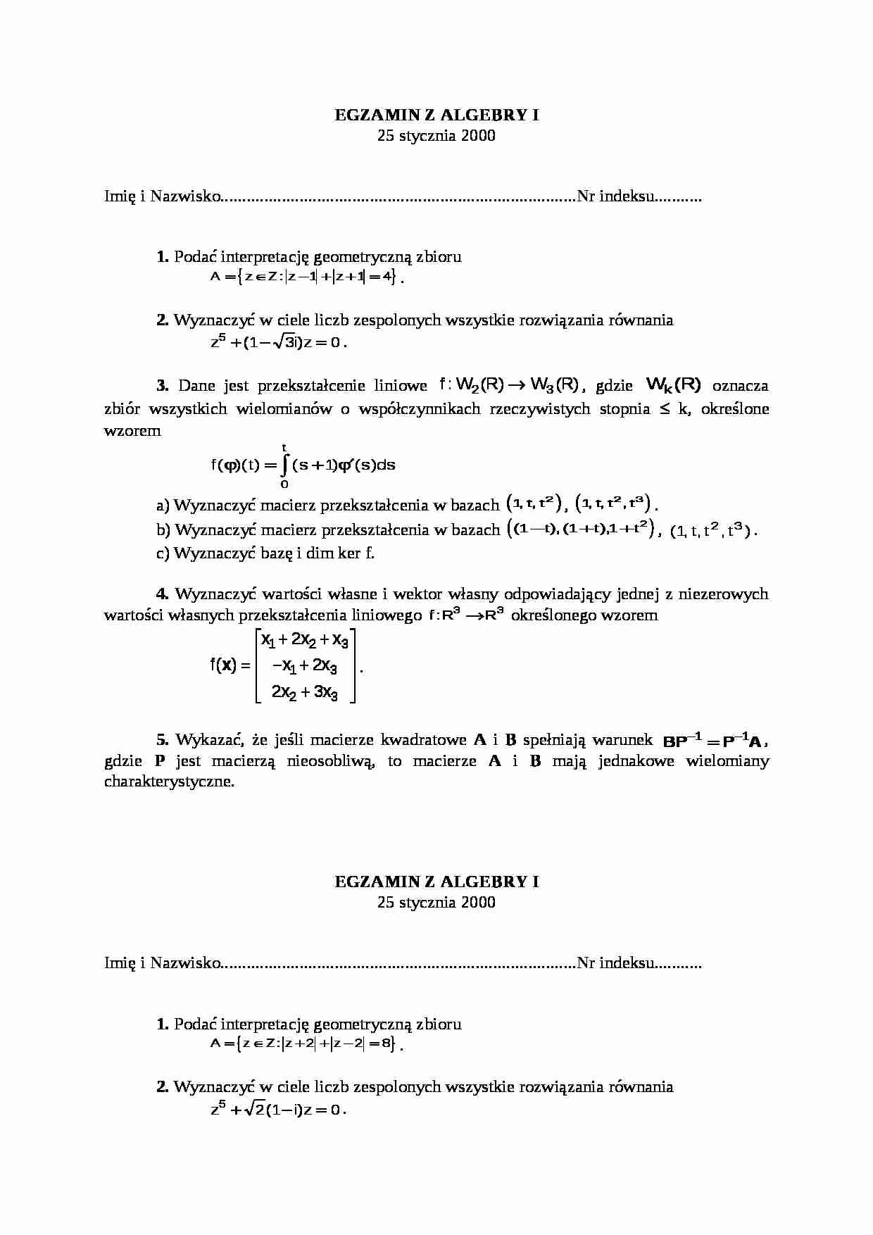 Egzamin z algebry - interpretacja geometryczna zbioru - strona 1