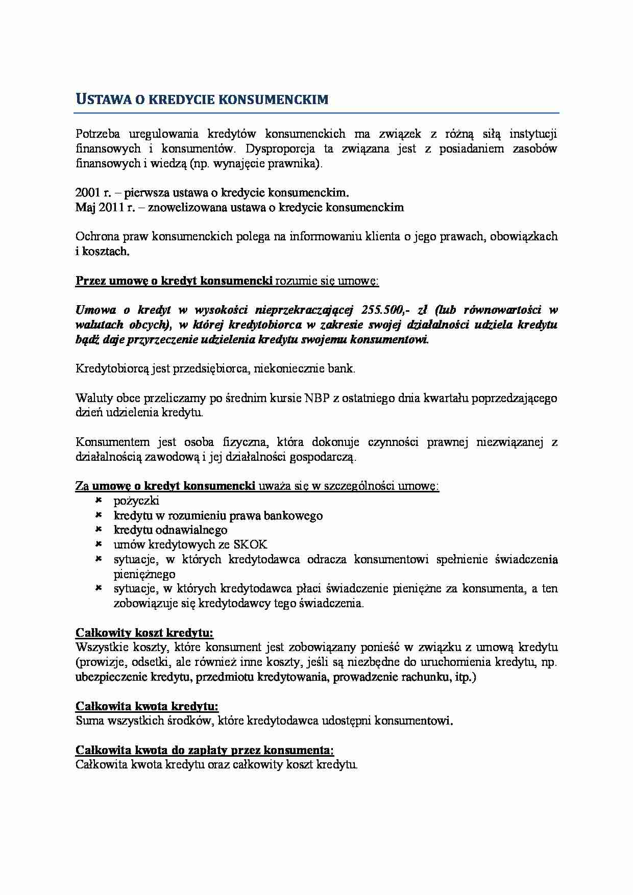 Wykład - Ustawa o kredycie konsumenckim - strona 1