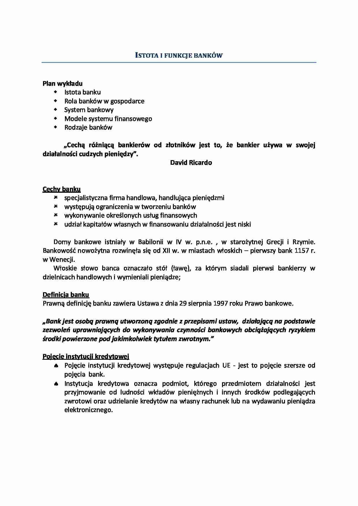Wykład - Istota i funkcje banków - strona 1