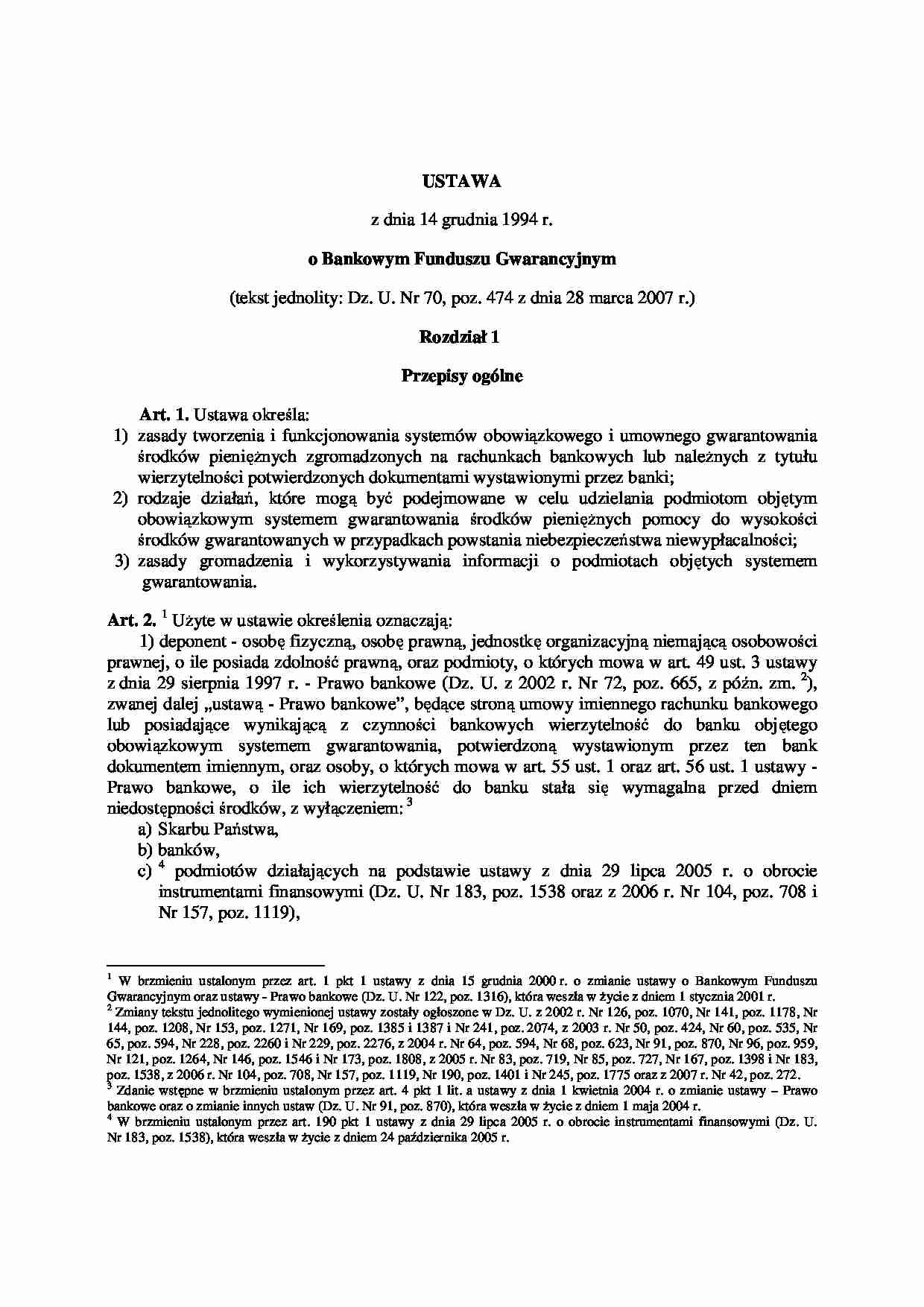 Ćwiczenia - ustawa Bankowy Fundusz Gwarancyjny z 2007 r. - strona 1