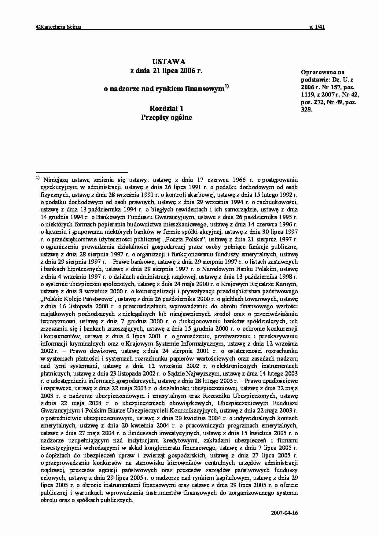 Ćwiczenia - ustawa o nadzorze nad rynkiem finansowym - strona 1