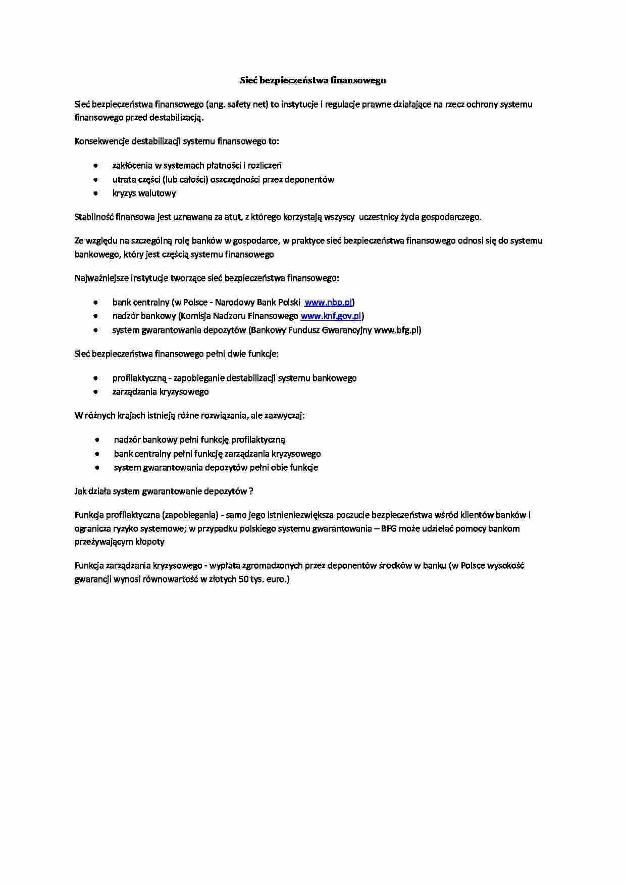 Referat - Sieć bezpieczeństwa finansowego - strona 1