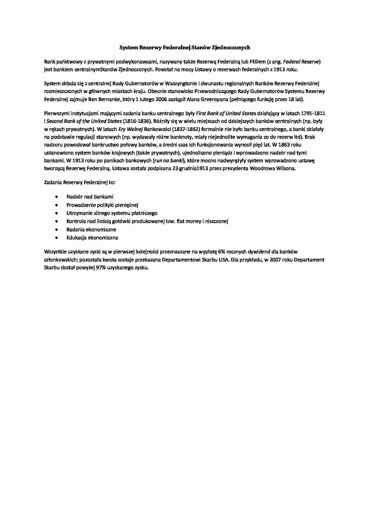 Referat - System Rezerwy Federalnej Stanów Zjednoczonych - strona 1