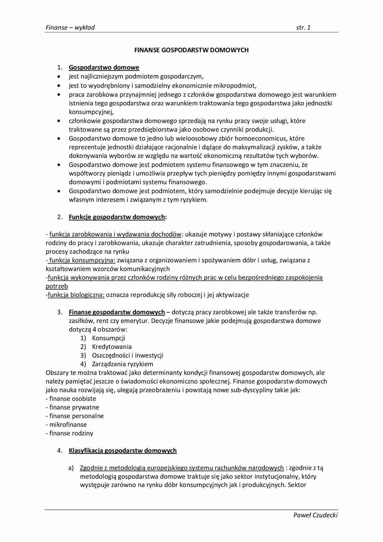 Finanse - Finanse gospodarstw domowych WYKŁAD - strona 1