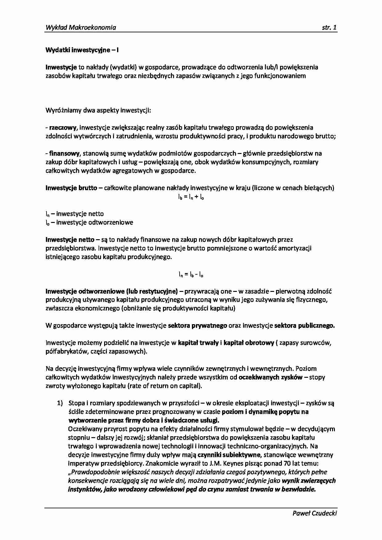 Makroekonomia - Inwestycje WYKŁAD - strona 1