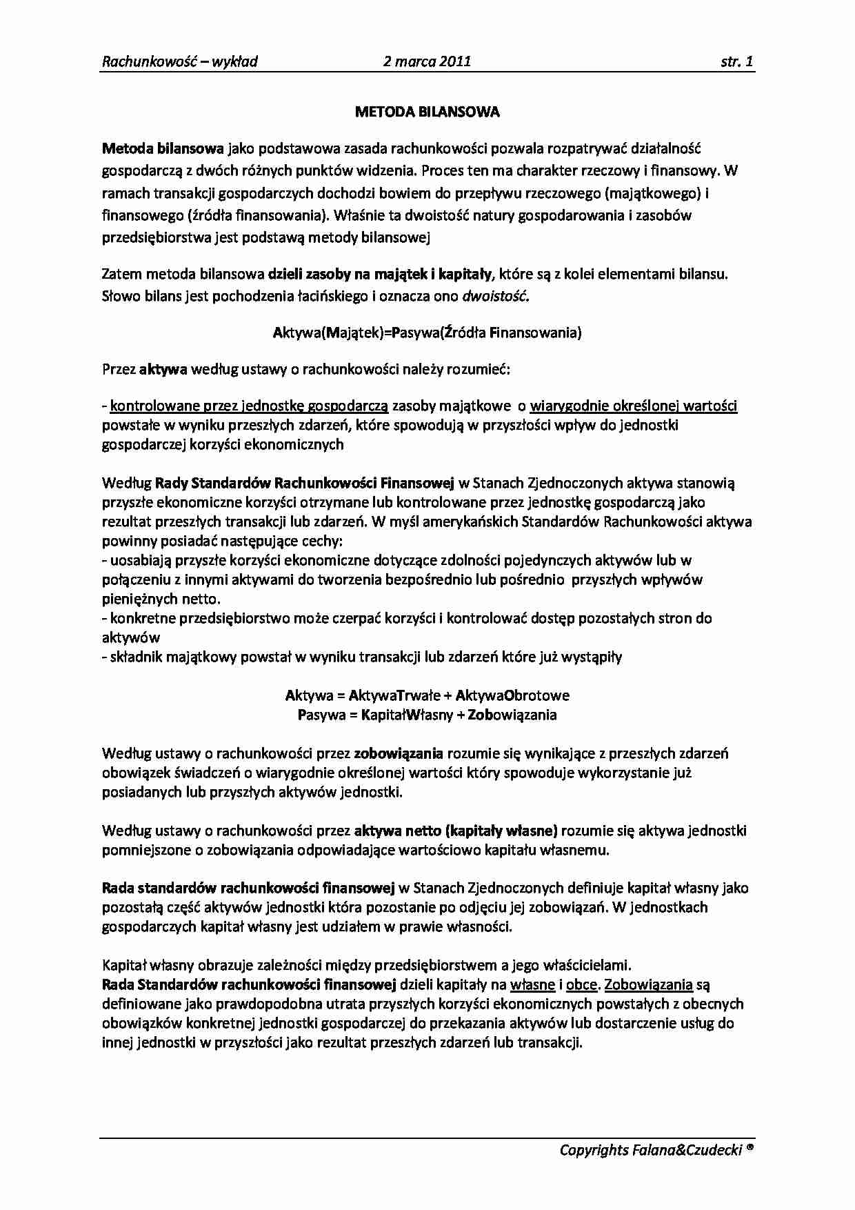 Rachunkowość - Bilans jednostek gospodarczych WYKŁAD - strona 1