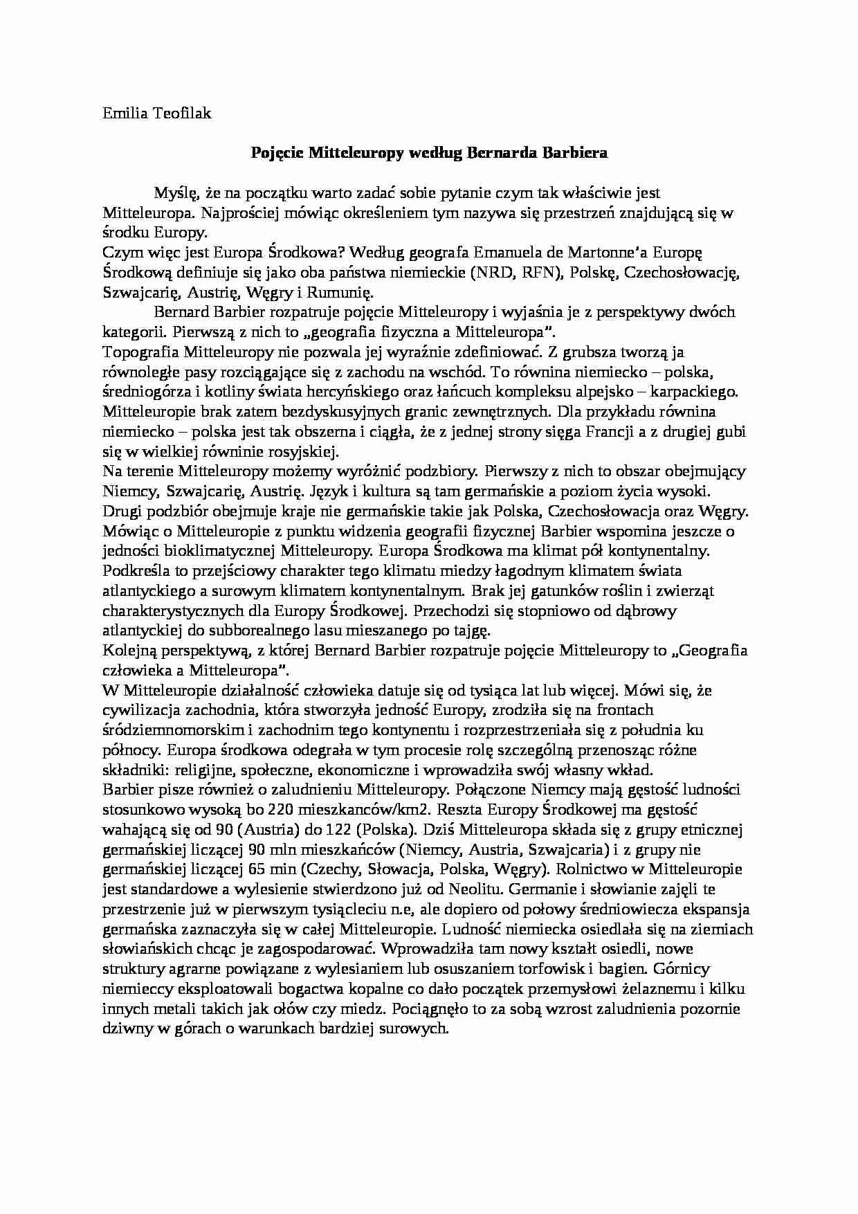 Pojęcie Mitteleuropy według Bernarda Barbiera-opracowanie - strona 1