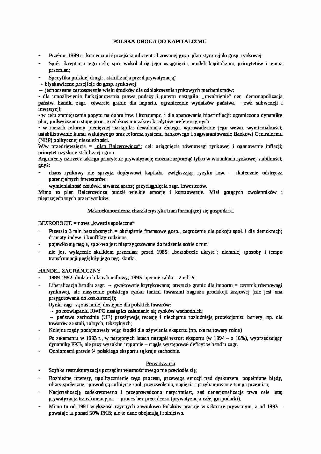 Polska droga do kapitalizmu-opracowanie - strona 1