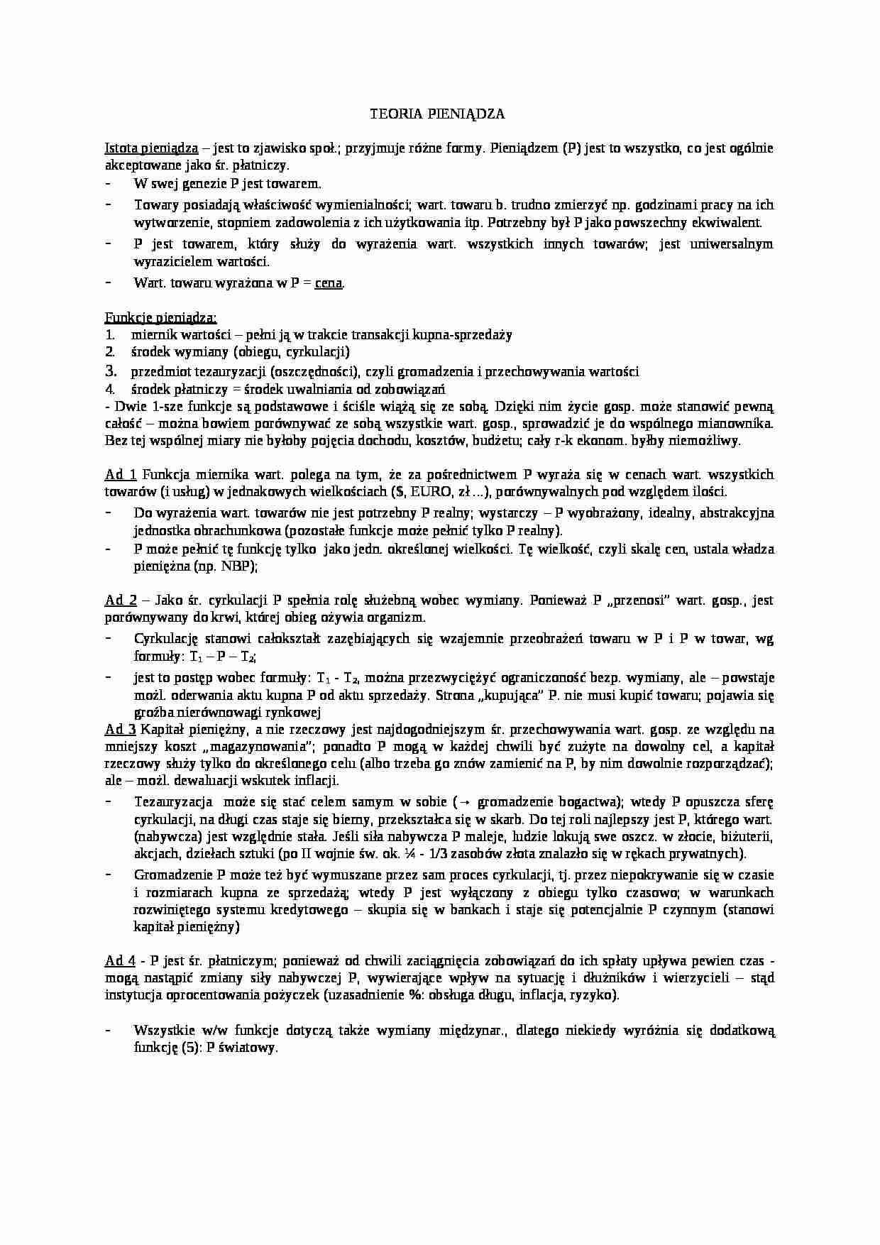 Teoria pieniądza-opracowanie - strona 1