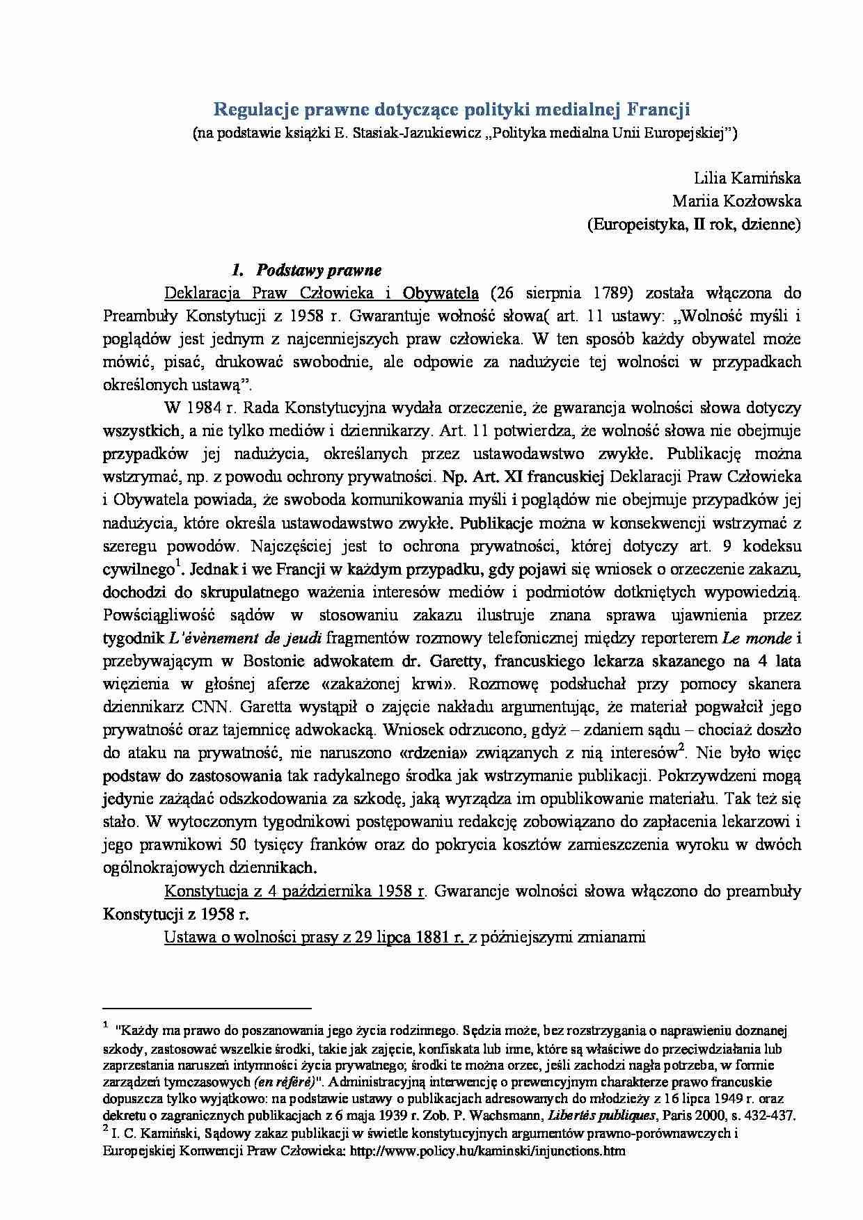 Regulacje prawne dotyczące polityki medialnej Francji-opracowanie - strona 1