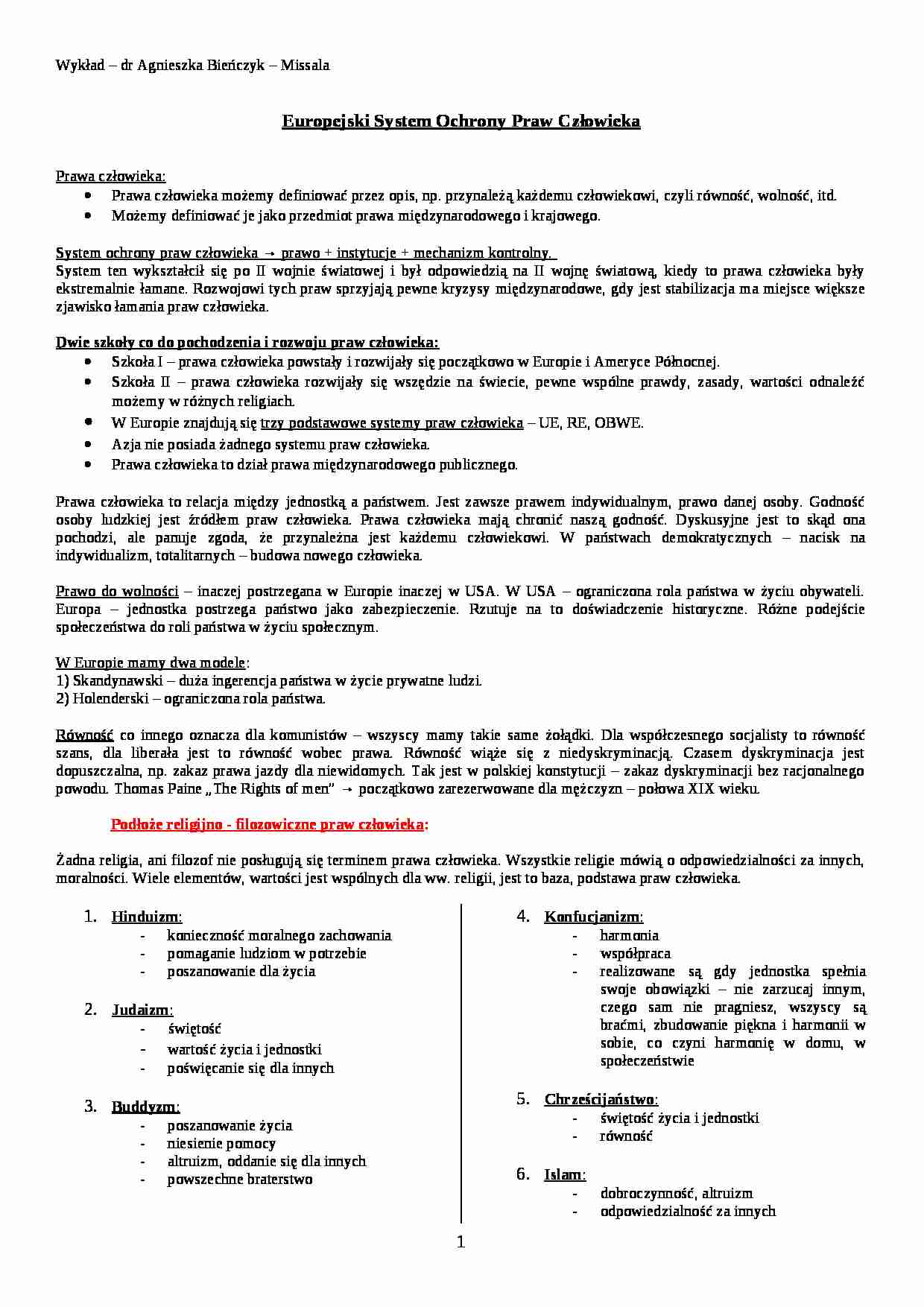 Europejski System Ochrony Praw Człowieka-opracowanie - strona 1