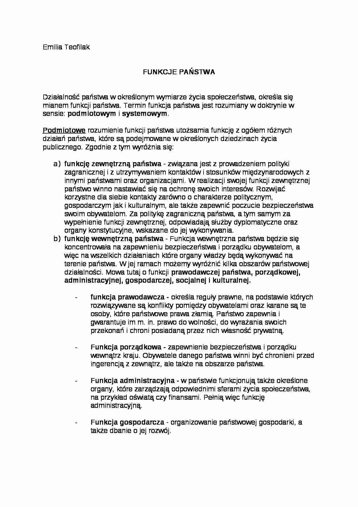 Funkcje państwa-opracowanie - podmiotowe i systemowe - strona 1