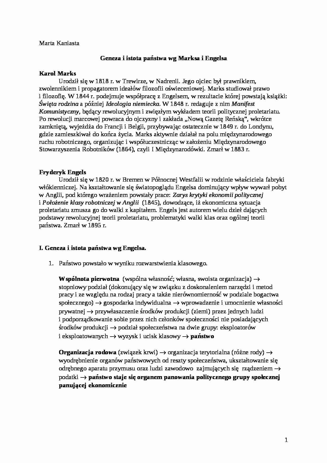 Geneza i powstanie państwa wg Marksa i Engelsa-opracowanie - strona 1
