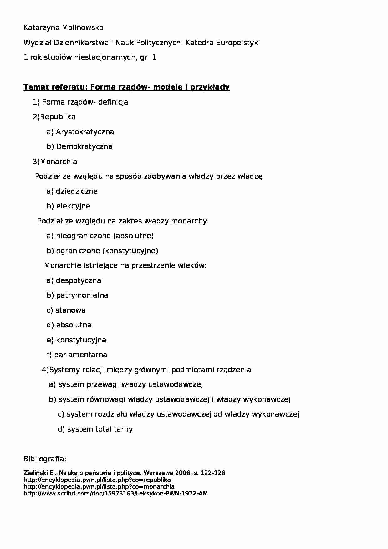 Forma rządów- modele i przykłady - strona 1