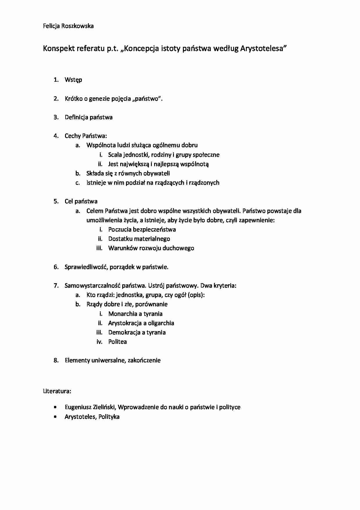Koncepcja istoty państwa według Arystotelesa-opracowanie - strona 1