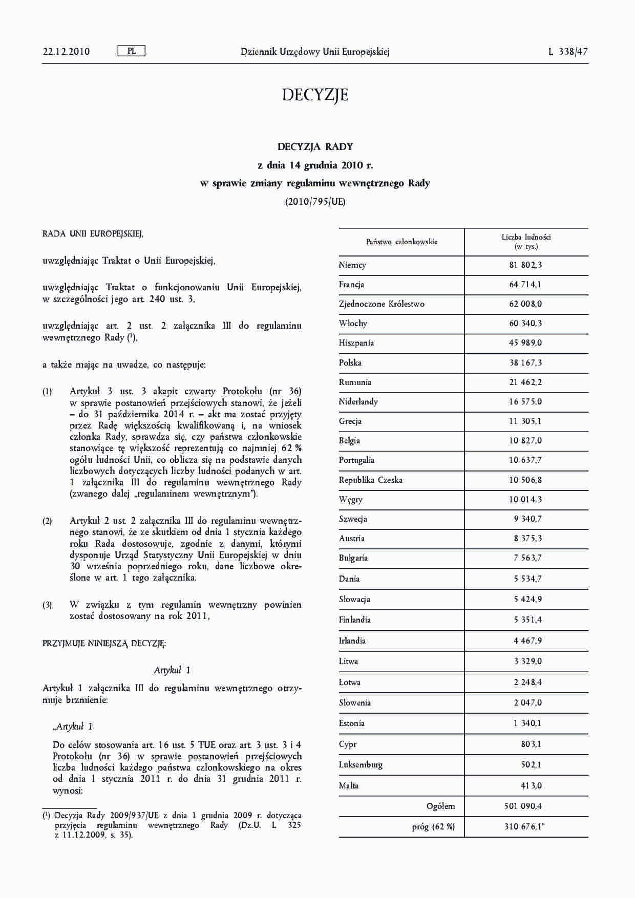Decyzja Rady z dnia 14 grudnia 2010 r. w sprawie zmiany regulaminu wewnętrznego Rady - strona 1