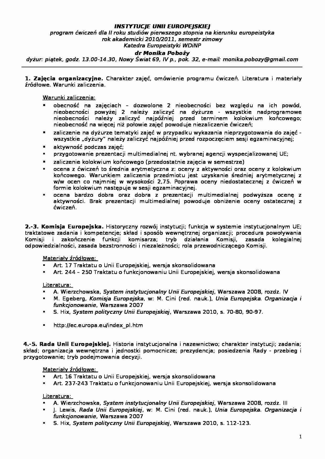 Instytucje Wspólnot Europejskich-2010-2011 - strona 1