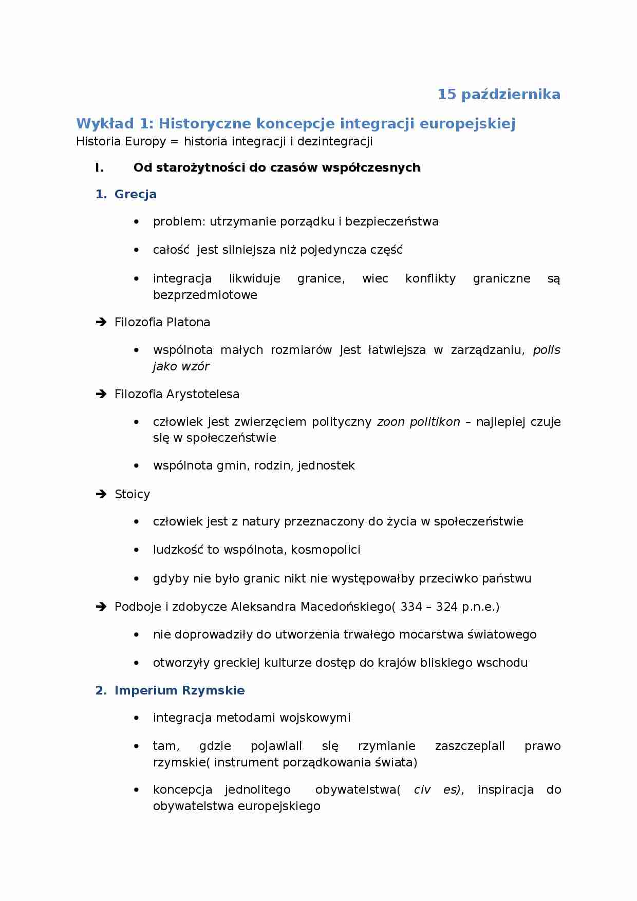  Historyczne koncepcje integracji europejskiej-wykłady - strona 1