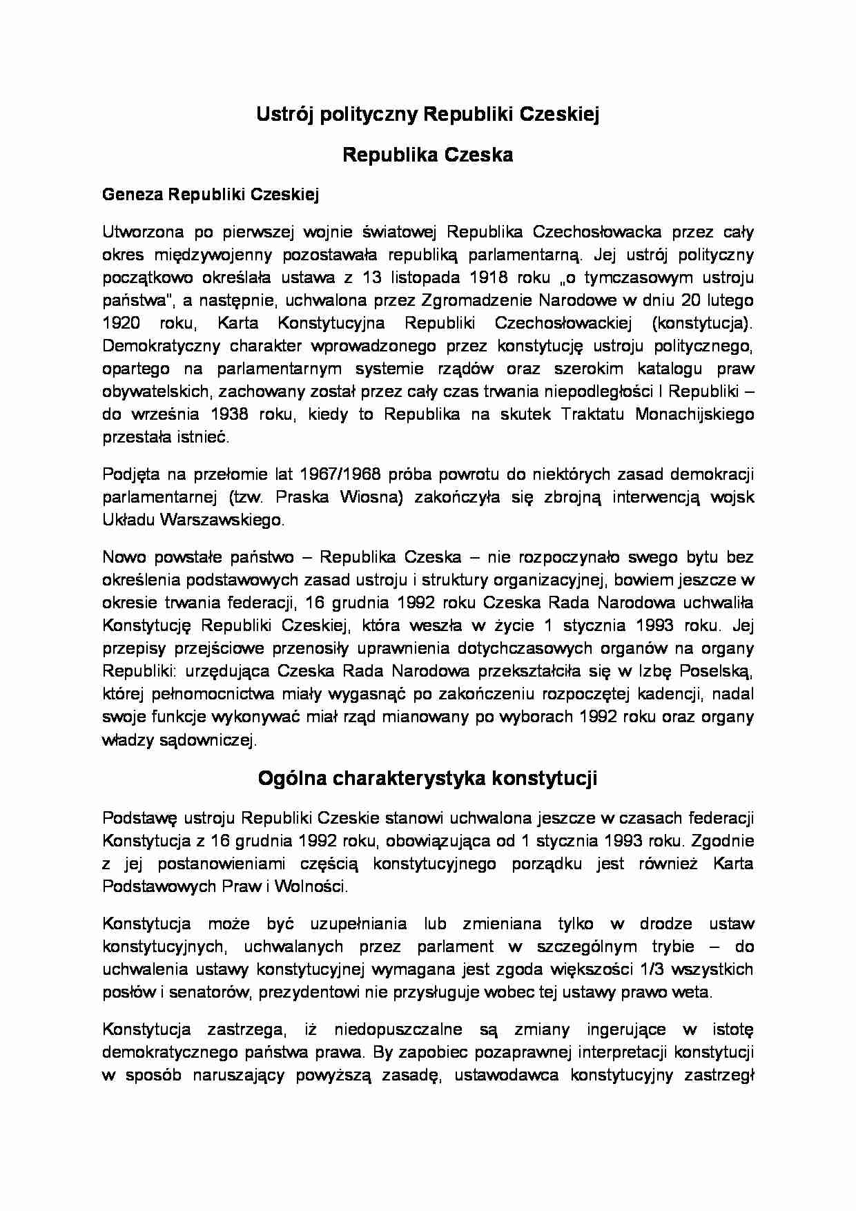 Ustrój polityczny Republiki Czeskiej-opracowanie - strona 1