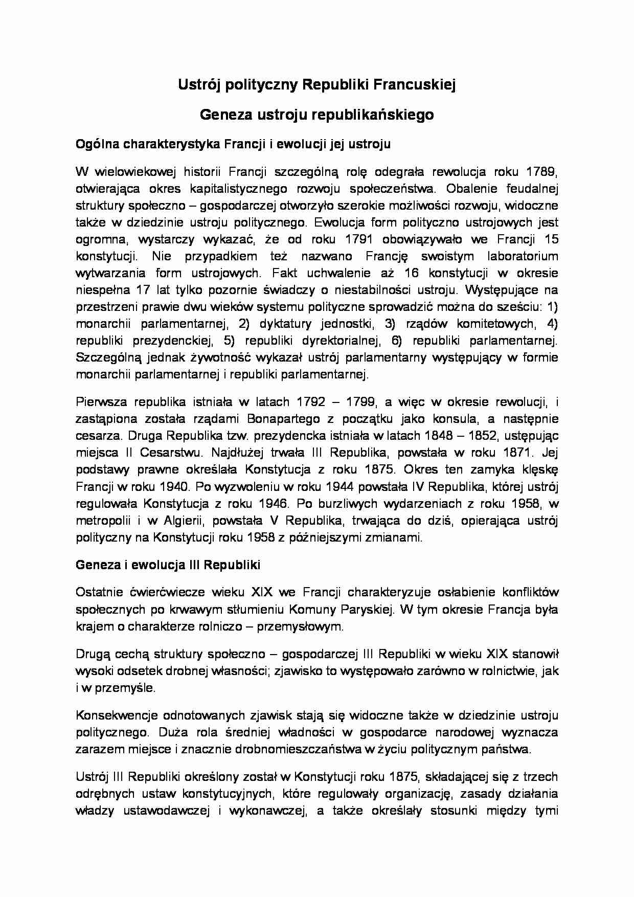 Ustrój polityczny Republiki Francuskiej-opracowanie - strona 1