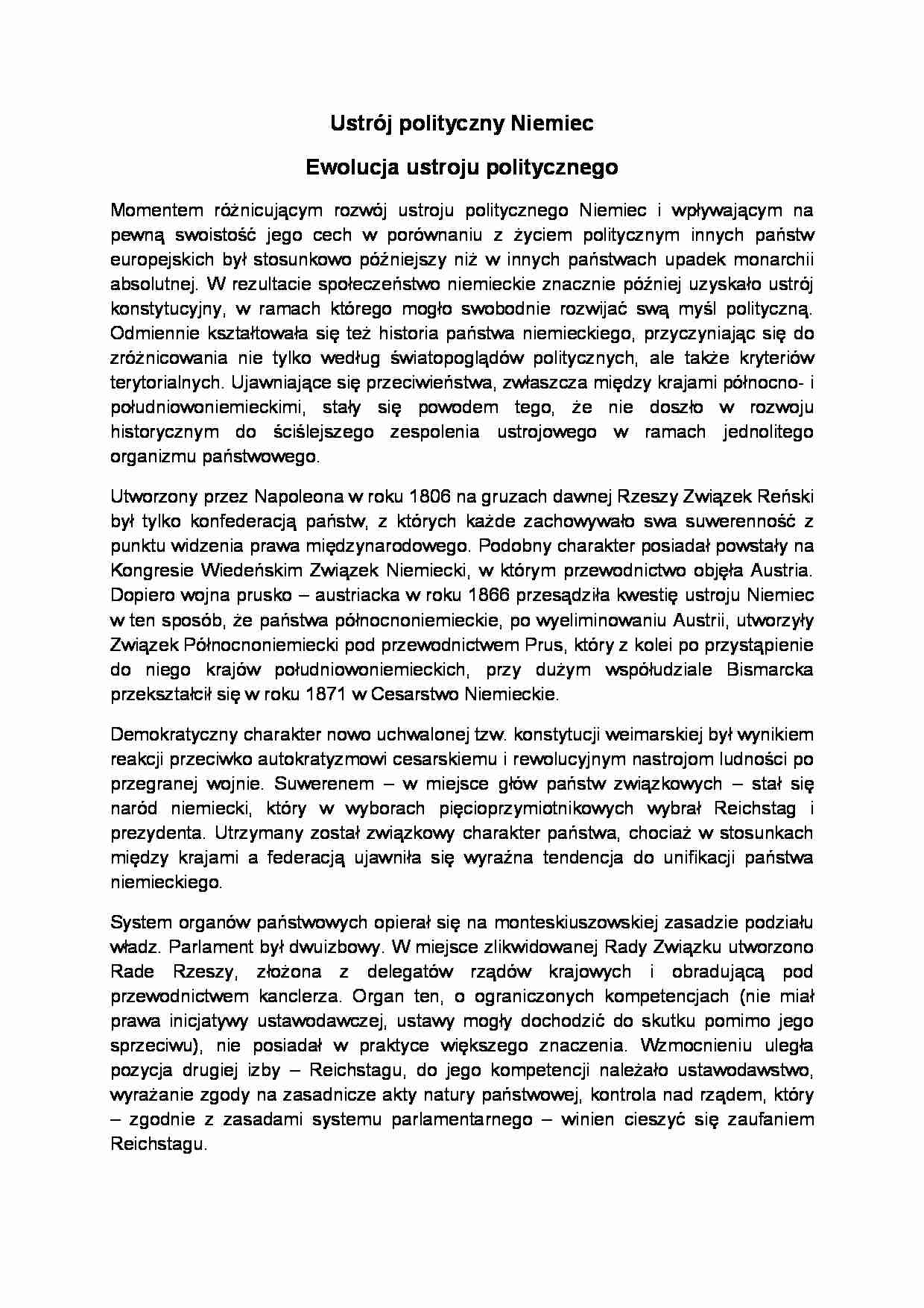 Ustrój polityczny Niemiec-opracowanie - strona 1
