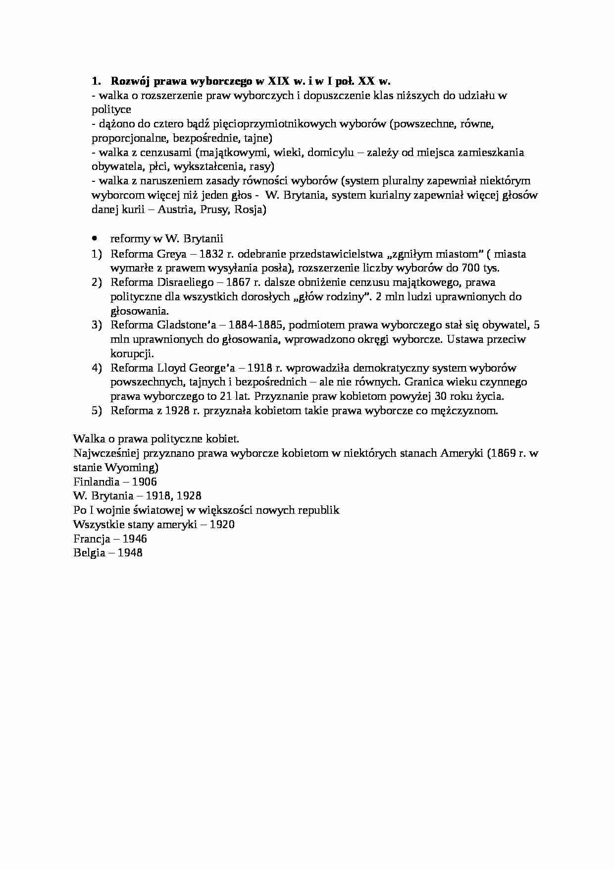  Rozwój prawa wyborczego w XIX w. i w I poł. XX w.-opracowanie - strona 1