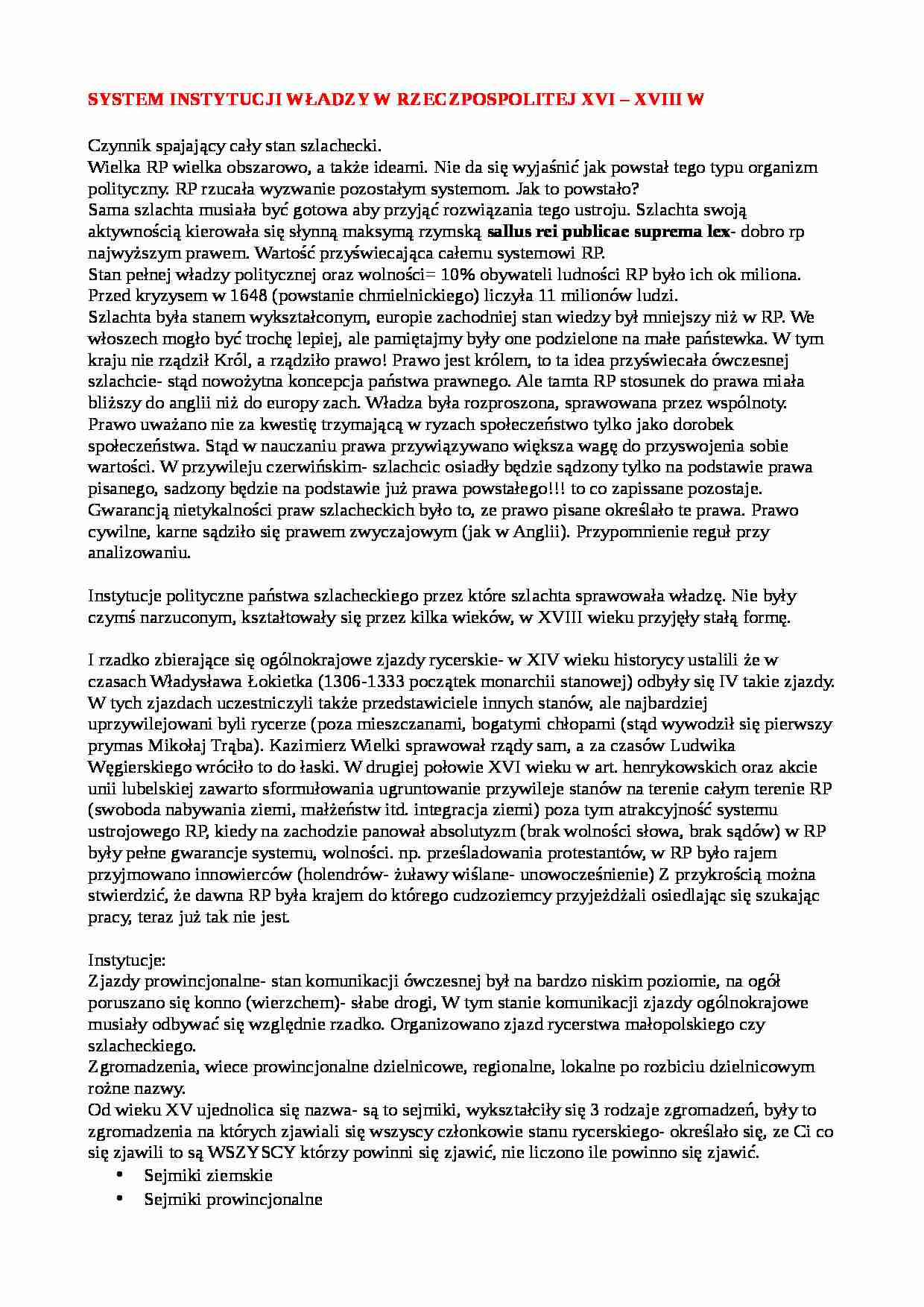 SYSTEM INSTYTUCJI WŁADZY W RZECZPOSPOLITEJ XVI - XVIII W - strona 1