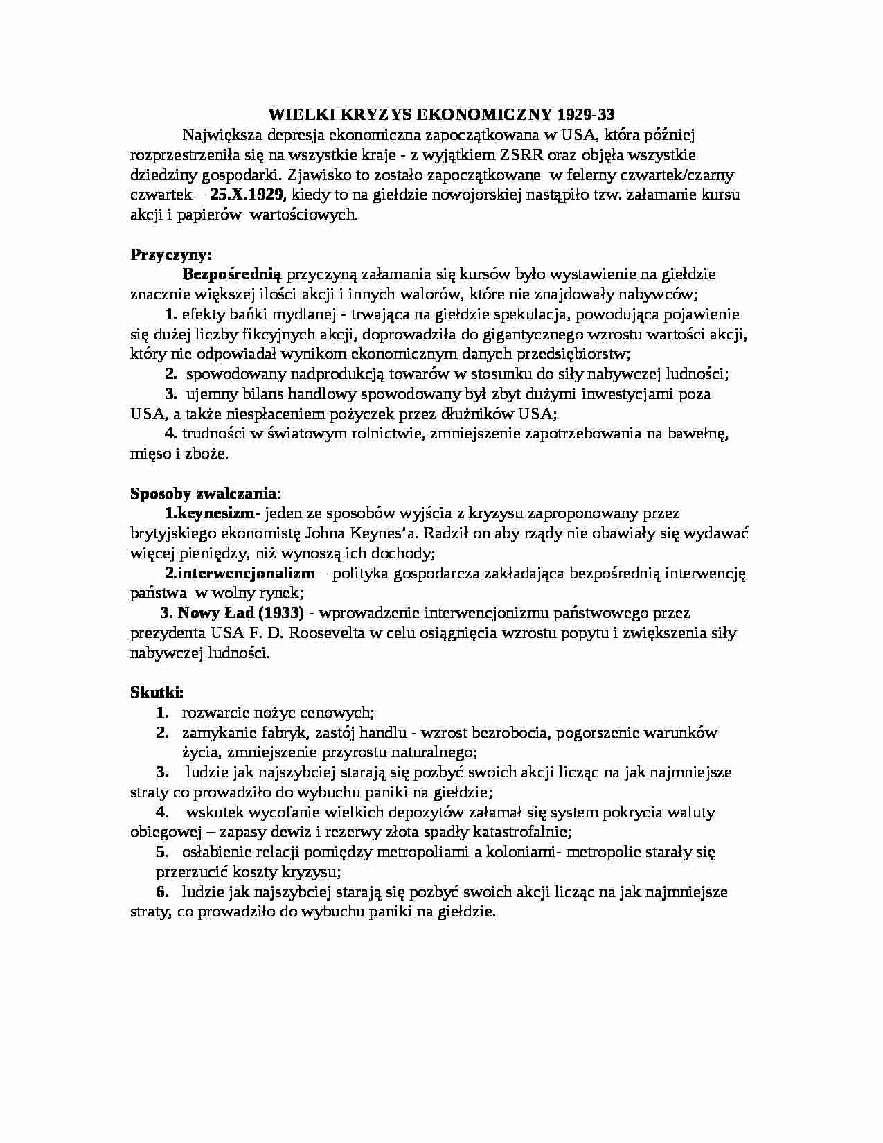 WIELKI KRYZYS EKONOMICZNY 1929-33-opracowanie - strona 1