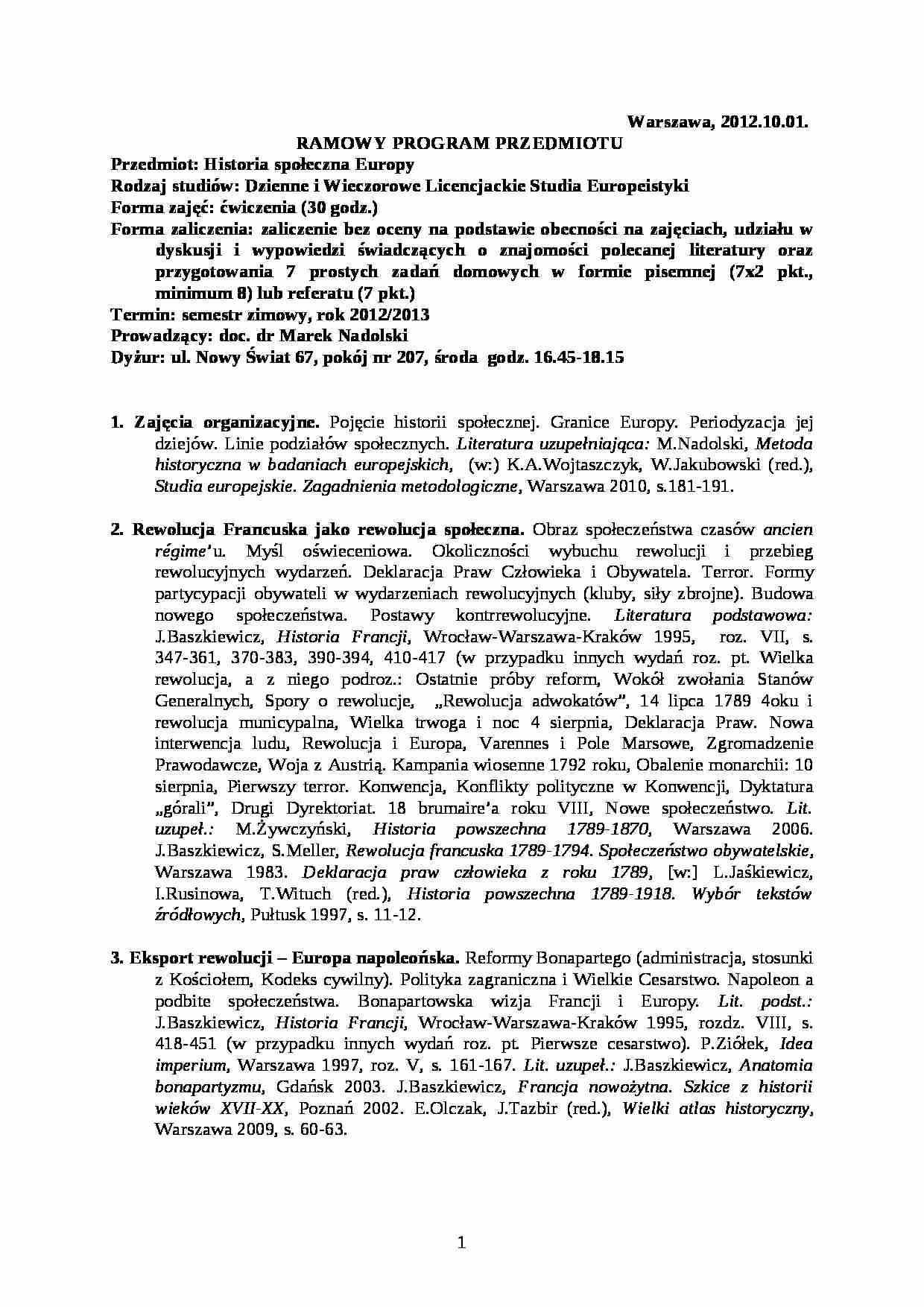 Historia społeczna Europy-program przedmiotu - strona 1