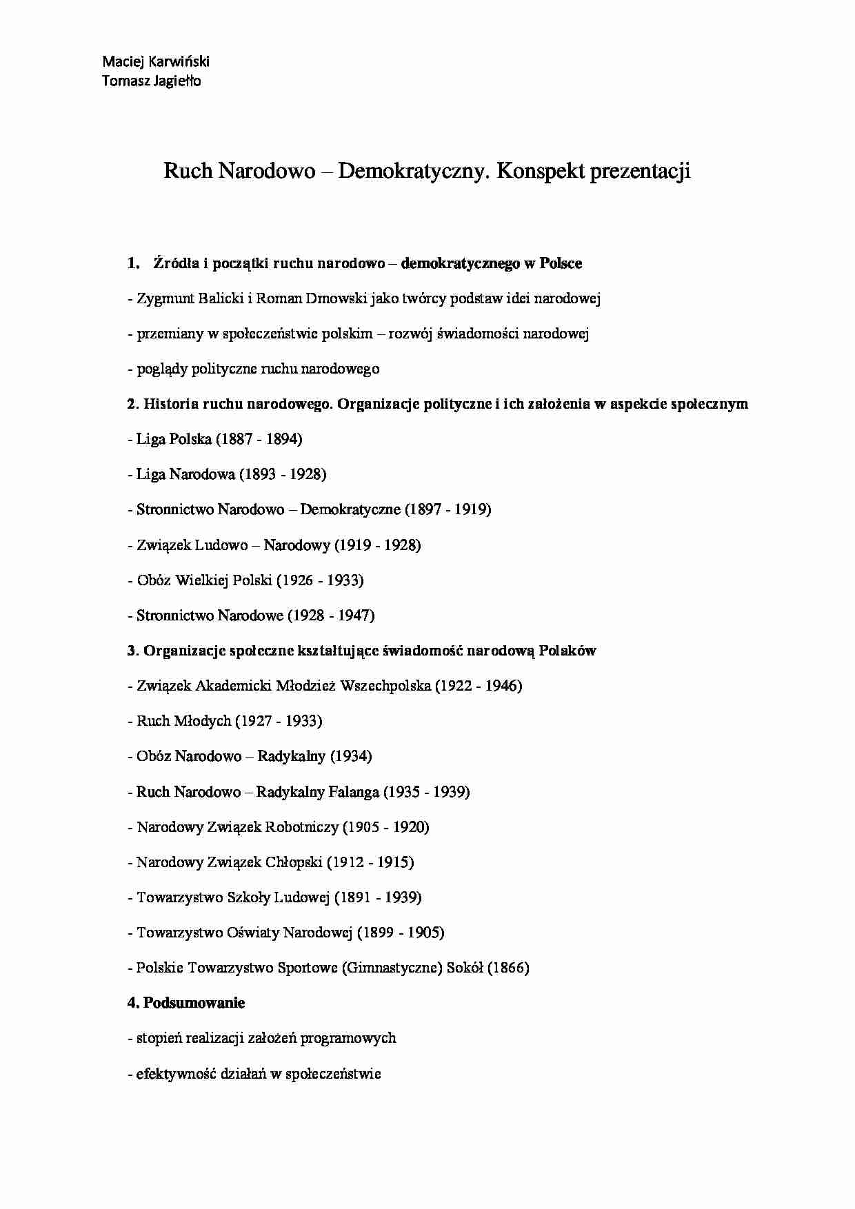 Ruch Narodowy - Konspekt - strona 1