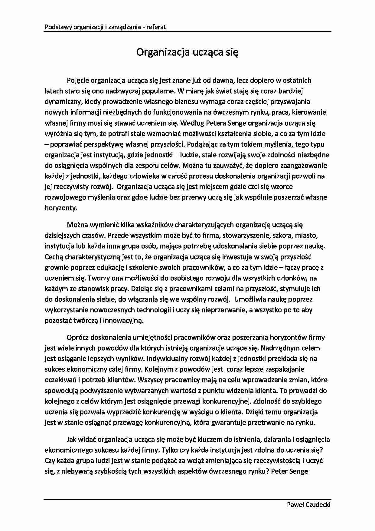 Podstawy organizacji i zarządzania - REFERAT - Organizacje uczące się. - strona 1