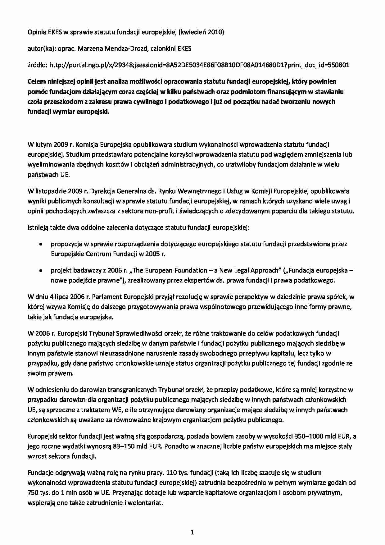 Opinia EKES w sprawie statutu fundacji europejskiej - strona 1