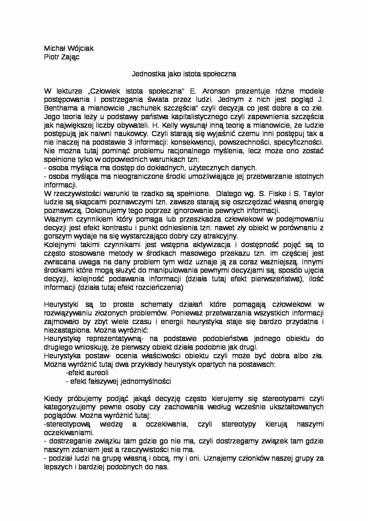 Jednostka jako istota społeczna-opracowanie - strona 1