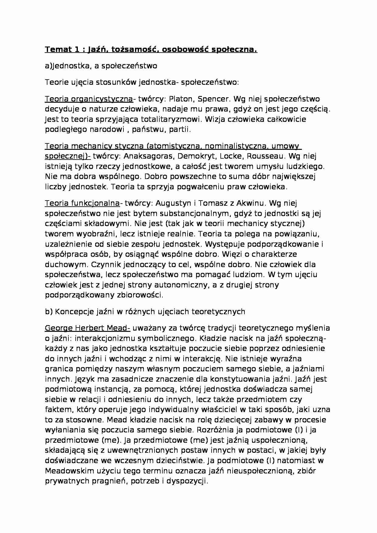 Jaźń, tożsamość, osobowość społeczna-opracowanie - strona 1