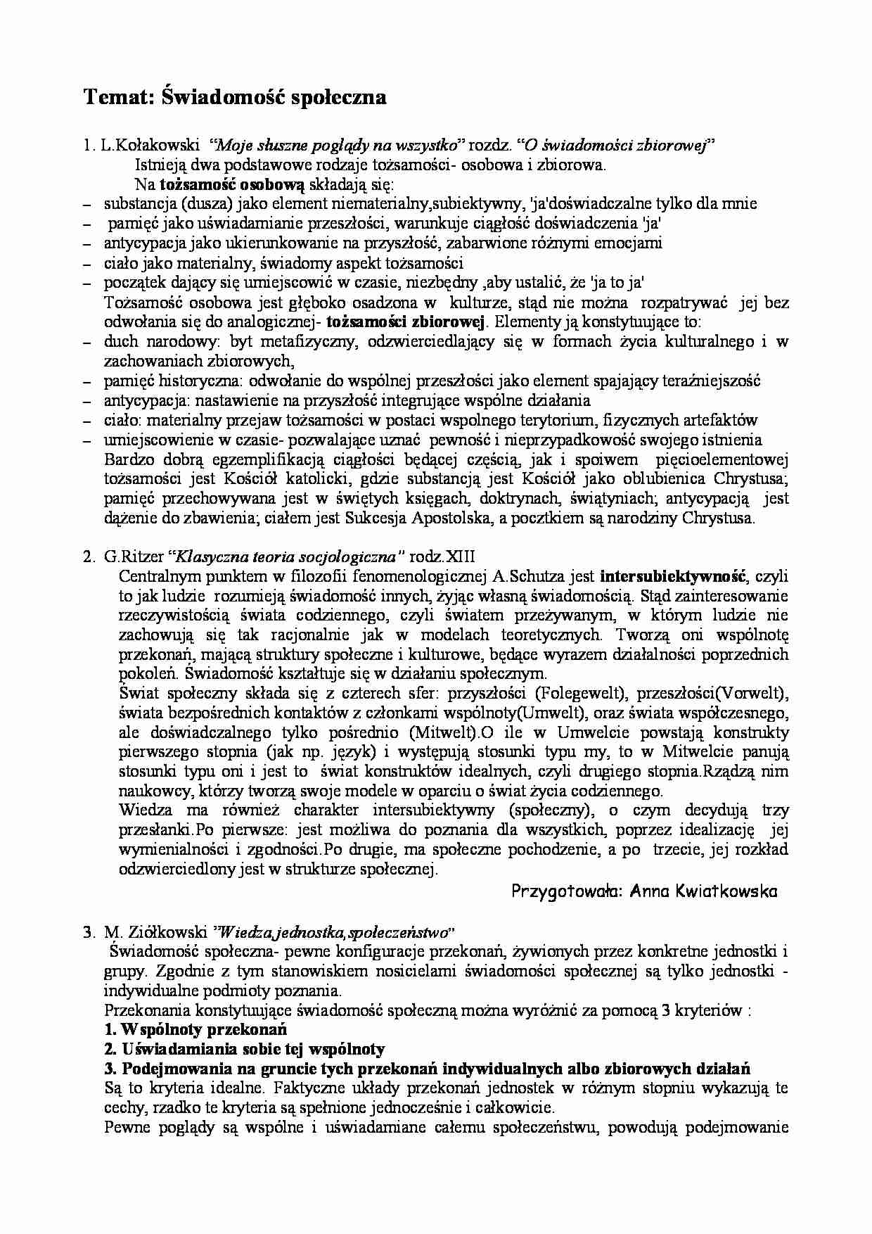 Świadomość społeczna-opracowanie - strona 1