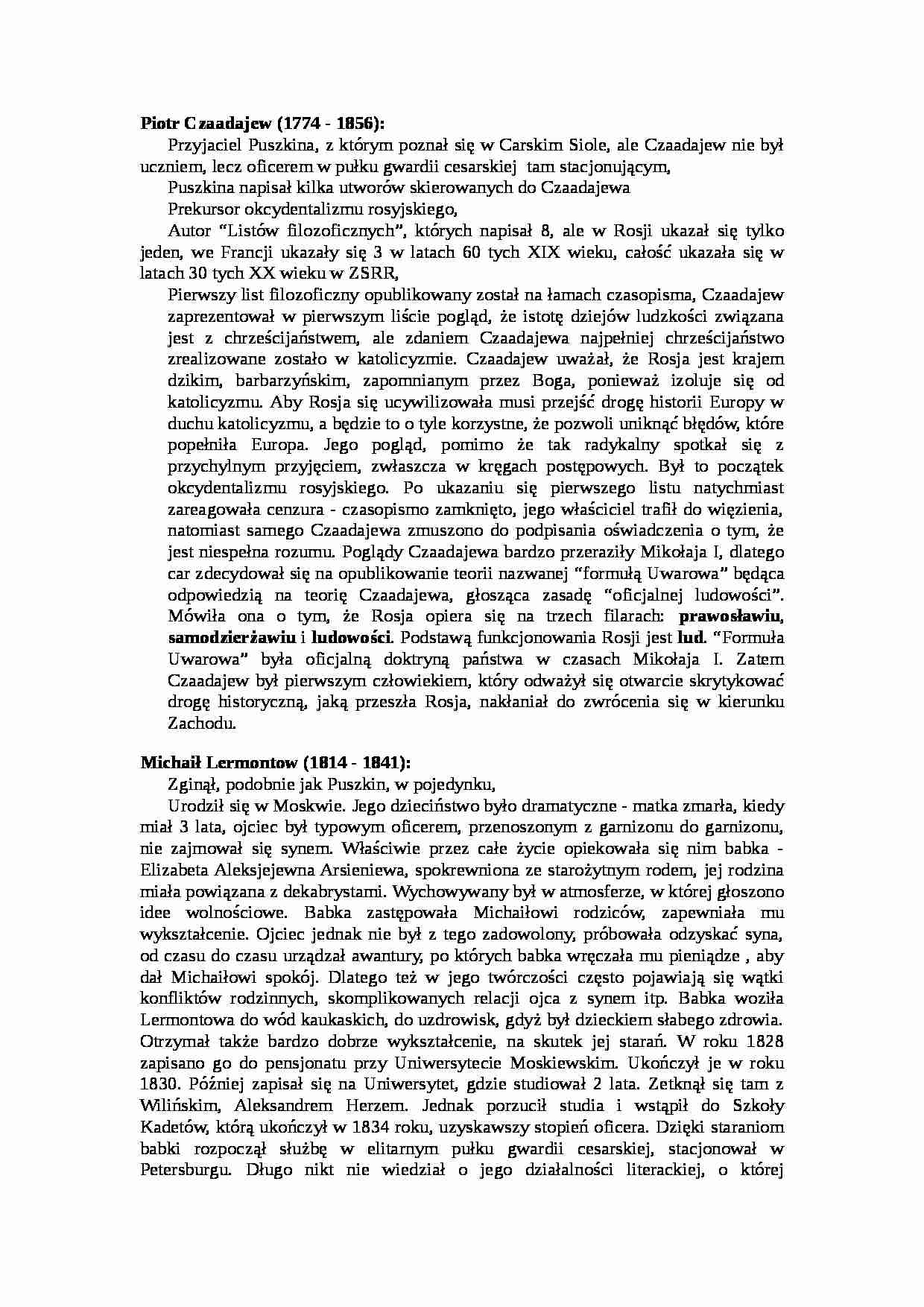 WYKŁAD Początki okcydentalizmu rosyjskiego (sylwetka Czaadajewa). Życie Michaiła Lermontowa - strona 1