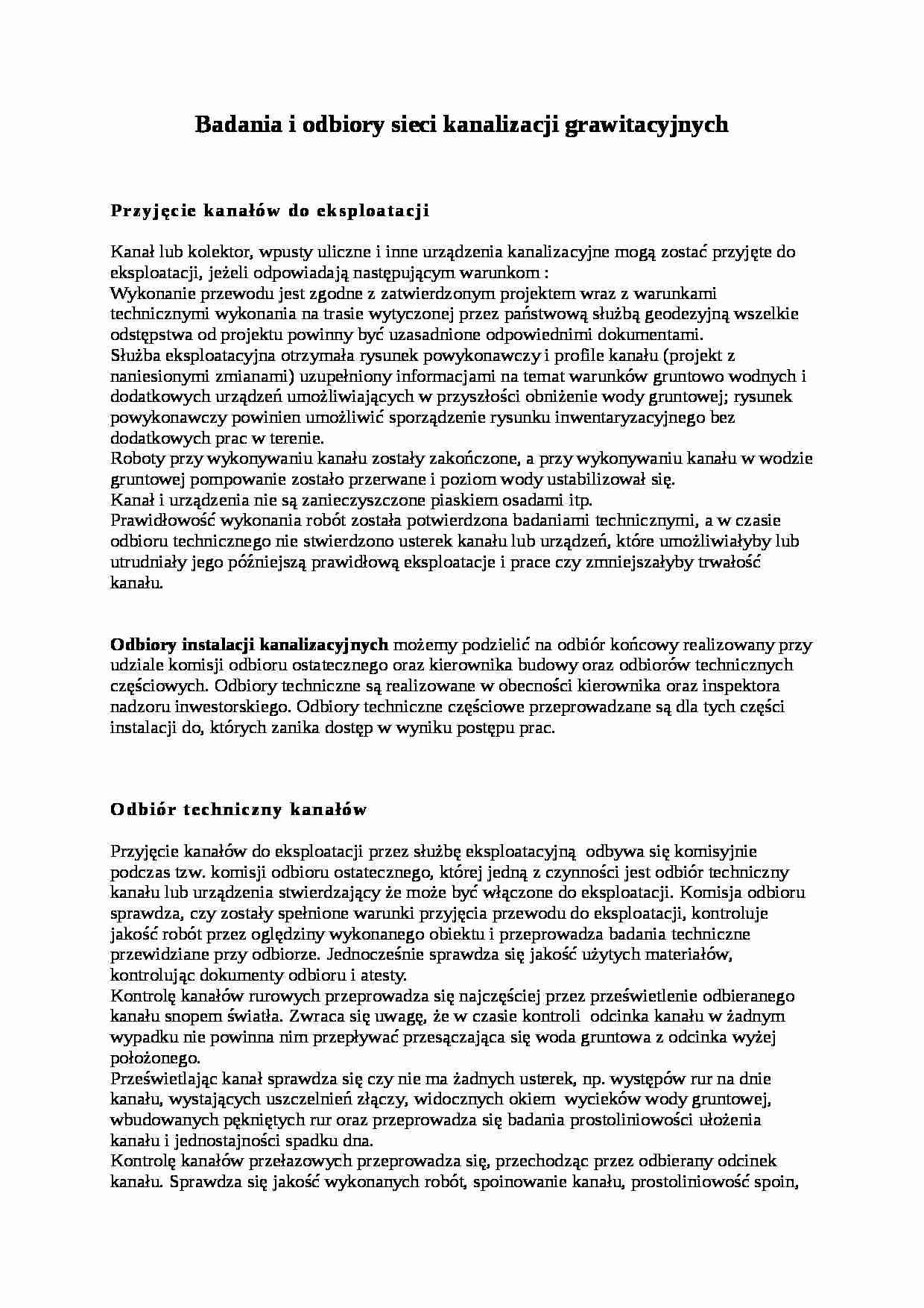 Badania i odbiory sieci kanalizacji grawitacyjnych-opracowanie - strona 1